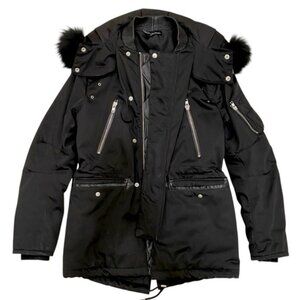 THE KOOPLES DOUBLE LAYER Fur Hooded leather Long puffer Parka Men Black Coat XS